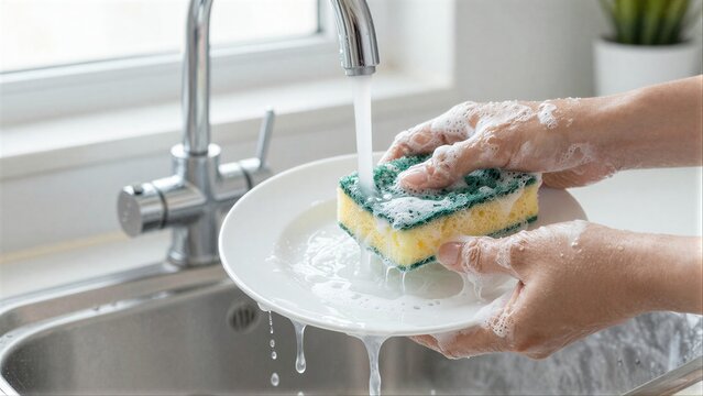Hands wash a plate under running water with soapy sponge in kitchen