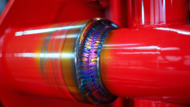 Stunning macro close-up of a TIG weld bead on a red painted pipe junction, displaying vivid iridescent rainbow colors of purple, blue, and gold oxidation on the polished metal surface.