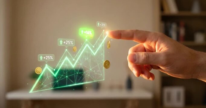 Hand pointing at glowing green digital graph with percentage increase and coin icons symbolizing finance investment growth and business success in modern office setting