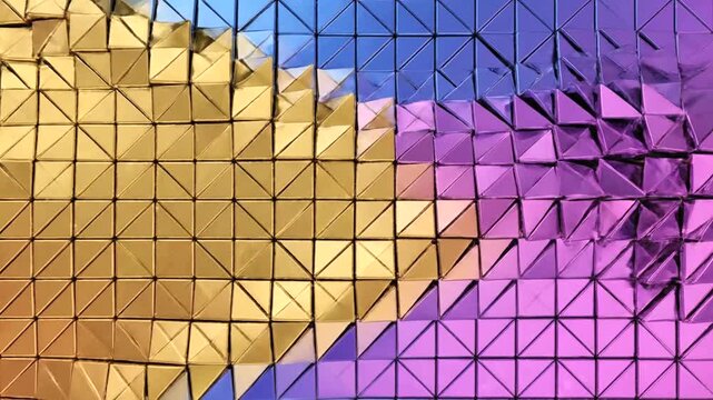 Abstract Geometric Background Featuring Dynamic Golden and Purple Triangular Prism Tiles.