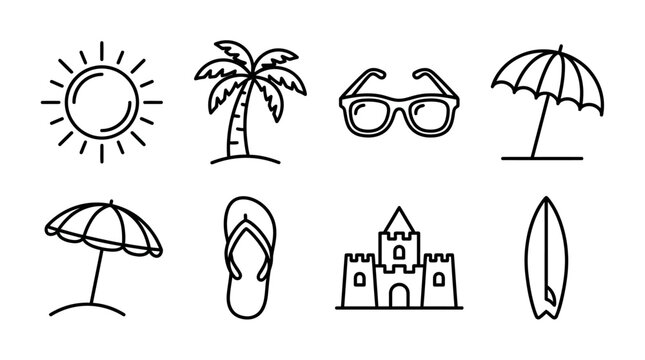 Summer Beach Icons: Sun, Palm Tree, Sunglasses, Umbrella, Flip Flops, Sandcastle, Surfboard