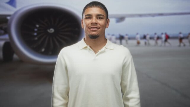 Man smiling by airplane engine on airport tarmac, hands relaxed at sides, cream collared sweater and necklace visible; travel optimism.