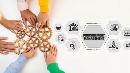 Obraz premium Diverse Hands Collaborating on Gears Representing Procurement Management Concepts with Icons on Side in Professional Setting Sigmoid