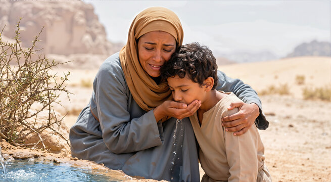 Biblical scene of a mother cupping water for her child in the desert. Woman in brown headscarf and blue robe giving a young boy a drink from a spring in an arid landscape