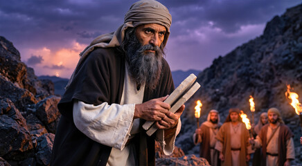 Fototapeta premium Moses holding the stone tablets on a rugged mountain. Biblical scene of the prophet with commandments during a storm. Leadership and faith concept at violet twilight