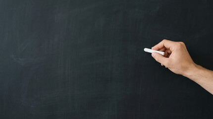 Naklejka premium A hand holding chalk poised to write on a blank blackboard, evoking education and creativity