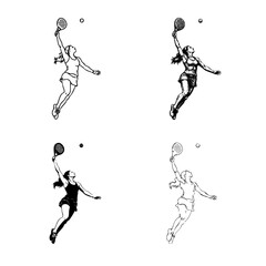 Fototapeta premium Female Padel Player in Action Jumping to Hit Ball with Racket, Stylized Illustration Set