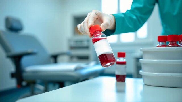 Gloved hand holding a blood sample vial in a laboratory. Medical professional handling blood tubes for testing. Healthcare and diagnostic concept