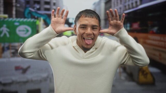 Man showing tongue with hands raised wearing cream sweater in an urban street construction zone; playful fun.
