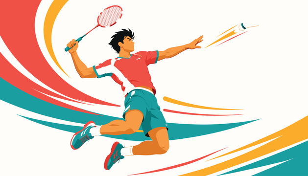 Male badminton player performing a jumping smash