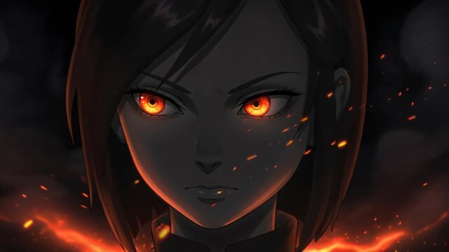 Fiery Gaze of Determination: A close-up portrait of a young woman with intense, glowing orange eyes, set against a dark, smoky background with fiery embers, conveying strength and resolve.