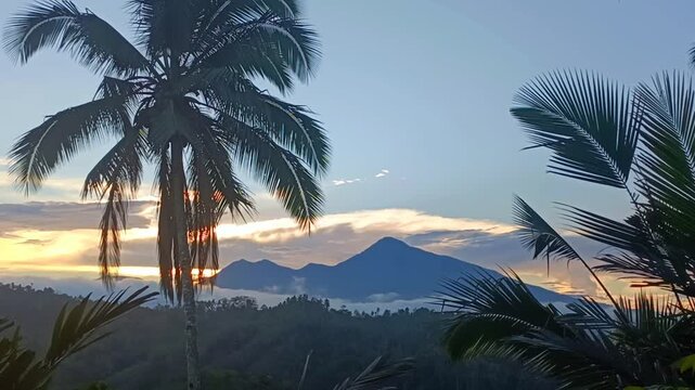 Scenic tropical sunset landscape featuring the silhouette of palm trees and a majestic mountain peak against a vibrant evening sky.
