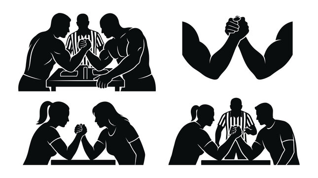 Black solid silhouette vector illustration collection of men and women arm wrestling with a referee on a competition table representing strength challenge and sport match.