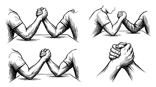 Hand drawn engraving style sketch vector illustration of men arm wrestling on a table showing muscle strength power and competitive gripping hands isolated on white background.