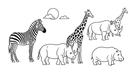 Safari Animals Outline Illustration: Zebra, Giraffe, Rhinos, Hippo © mah
