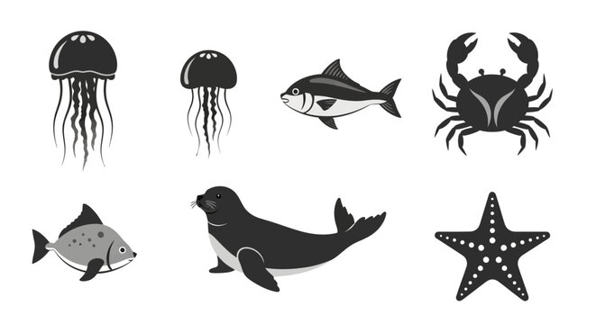 Marine Life Icons: Jellyfish, Fish, Crab, Seal, Starfish