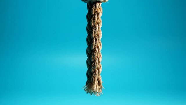 Close up view of hanging braided rope against a bright turquoise background