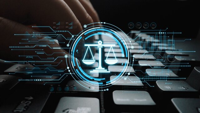 Digital Justice Concepts with Scales of Justice Symbol Over Laptop Keyboard Representing Law and Technology Integration in Modern Society Sigmoid