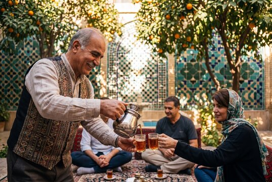 Senior man pouring traditional tea for a group in a beautiful Persian courtyard with orange trees and mosaic tiles