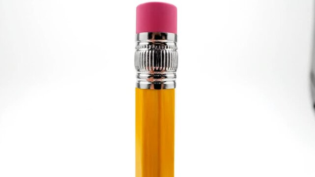 Close-up of a bright yellow pencil with a pink eraser and silver ferrule against a white backdrop