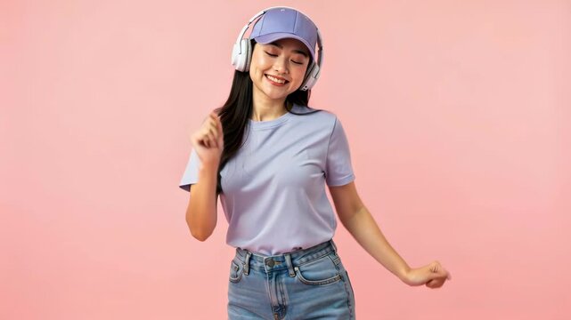 Happy Girl Listening Music: A young Asian girl wearing headphones and a baseball cap dances joyfully while listening to music, with a gentle smile and closed eyes, lost in the rhythm.