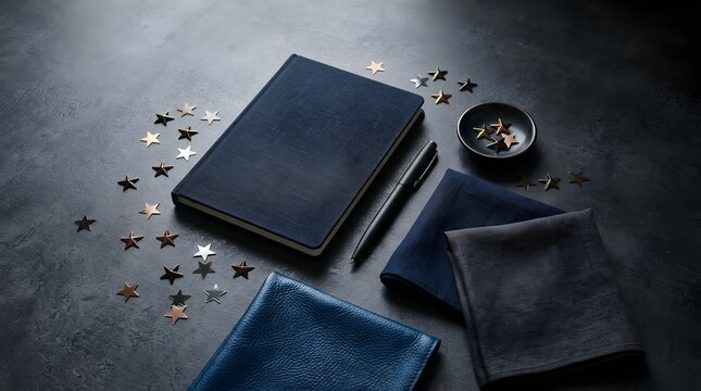 Elegant desk setting with a dark blue notebook, a black pen, and scattered metallic stars