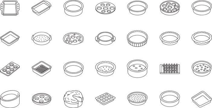 Collection of black and white line baking pans and molds cake mold muffin tin tart pan pie dish