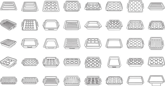 Collection of black and white line of baking trays and pans baking pan muffin tin cupcake tin roasting pan
