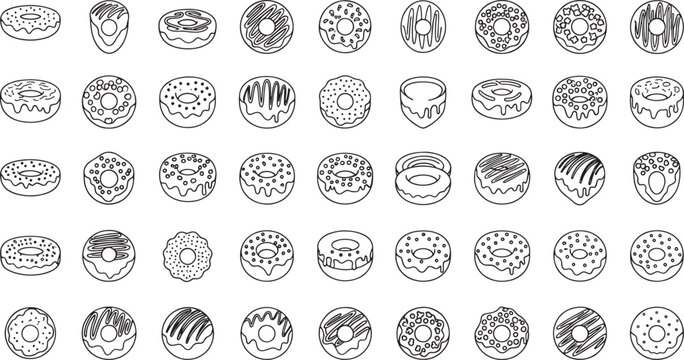 Collection of black and white outline donuts with various toppings and patterns doughnut food