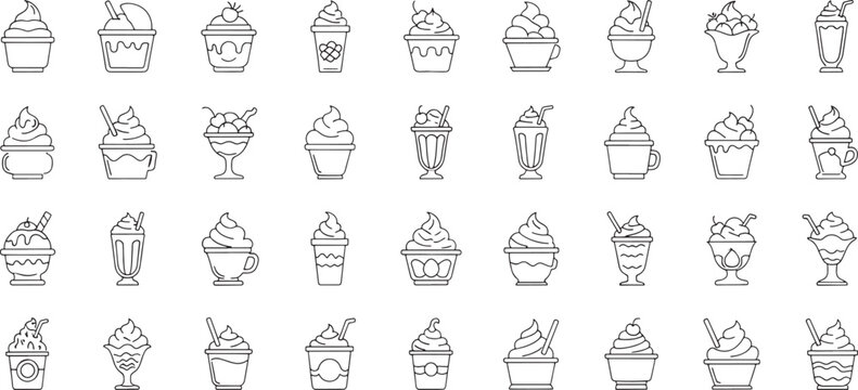 Collection of black line depicting various ice cream desserts and milkshakes sweet frozen