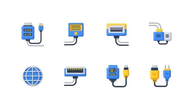 3D Connectivity and Computer Hardware Icon Set - Blue and Yellow Technology Connectors, Cables, and Networking Symbols Isolated on White