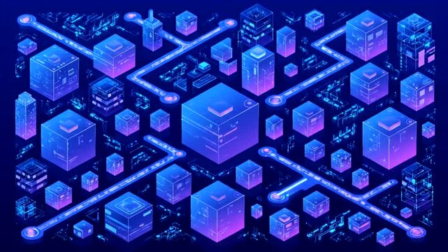 Abstract Digital Network Visualization with Interconnected Glowing Data Cubes.