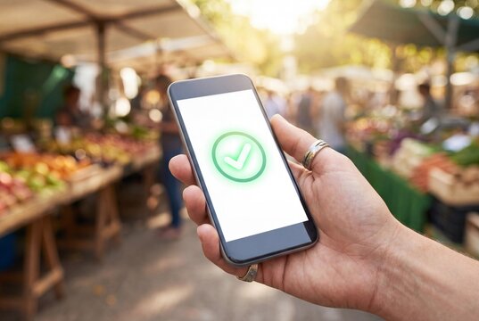 Close-up of a hand holding a smartphone with a green checkmark icon on the screen at a sunny outdoor farmers market, representing successful mobile payment or digital verification