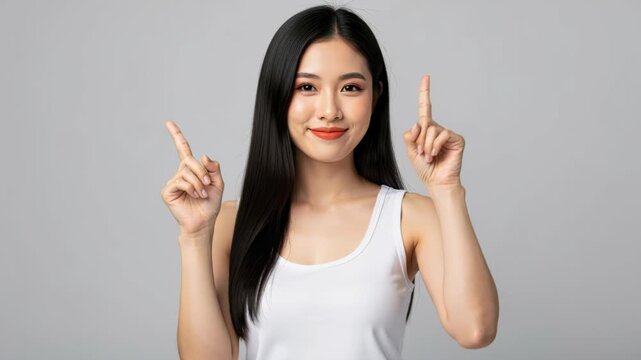 Pointing the Way: A young Asian woman with long, dark hair, wearing a white tank top, smiles confidently as she points her index fingers in two different directions, suggesting options or choices.