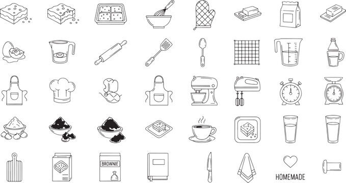 Collection of line for baking and cooking with brownies and kitchen tools line kitchen