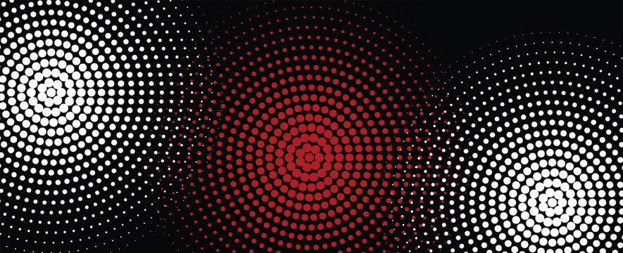 Abstract dark background featuring circular halftone patterns in vibrant red and white. Modern pop art style with a dynamic dotted gradient effect on a solid black backdrop.