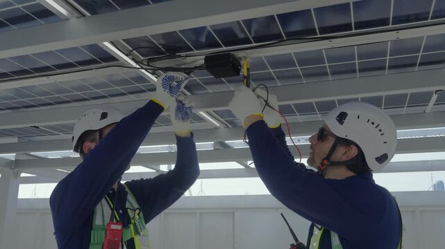 Engineers maintenance solar panels rooftop green energy, technician checks electrical connections with safety gear, wiring install collaborate, inspect structure for efficient operation