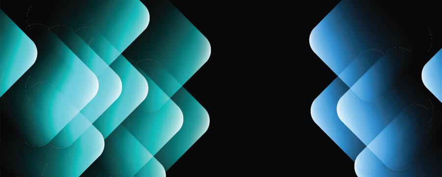 Abstract dark background with glowing cyan and blue rounded square geometric shapes. Modern futuristic design featuring overlapping transparent layers and light effects on a black backdrop.
