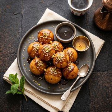 Professional Close-Up Photograph of Traditional Emirati Lgeimat - Sweet Golden Saffron Dumplings with Date Syrup and Sesame Seeds - Dark Matte Background - 8K Stock Photo