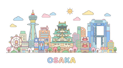 Naklejka premium Whimsical illustration of Osaka city skyline blending modern skyscrapers with traditional historical architecture in a colorful