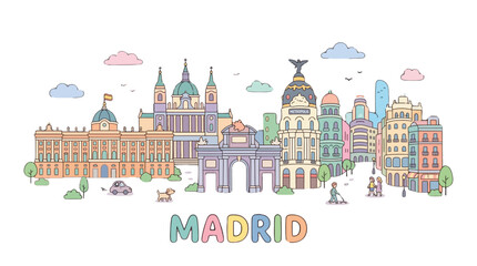 Fototapeta premium Colorful whimsical illustration of iconic Madrid landmarks with playful cityscape scene