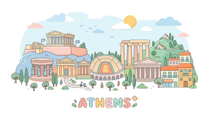 Obraz premium Colorful Artistic Illustration of Historic and Iconic Landmarks in Athens Greece with Scenic Elements and Vibrant Atmosphere for