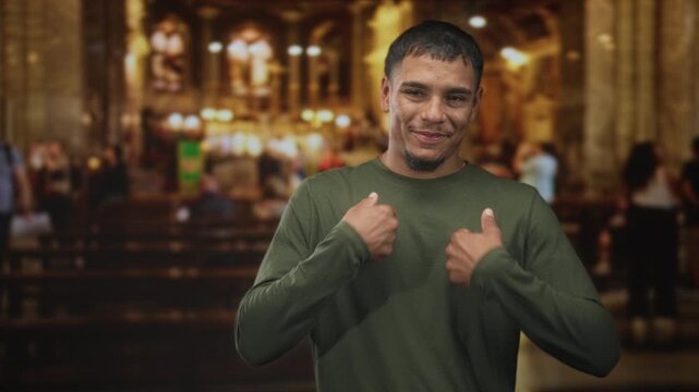 Young man pointing thumbs to chest, smiling in green long sleeve shirt, inside ornate church building with pews and chandeliers; confidence self belief.
