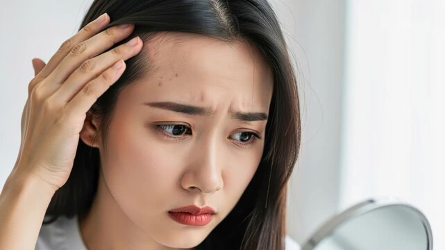 Skin Concern: A young Asian woman expresses worry as she examines her forehead in a mirror, focusing on small blemishes and skin imperfections.