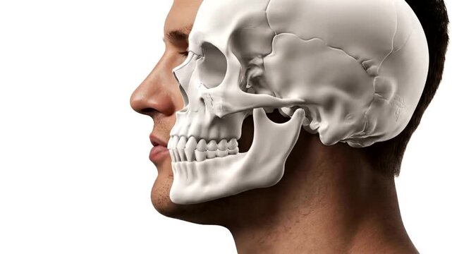 Medical Animation Showing Human Skull Anatomy Inside Face Profile View.