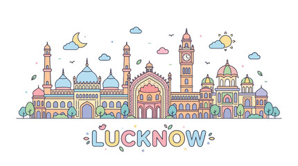 Fototapeta premium Colorful Illustrated Representation of Lucknow Cityscape with Iconic Monuments and Night Sky
