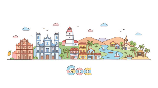 Colorful and whimsical illustration showcasing iconic landmarks and lush landscapes of Goa capturing vibrant architecture and