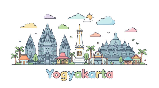Colorful illustrated depiction of Yogyakarta's iconic landmarks with playful clouds and trees capturing local cultural essence