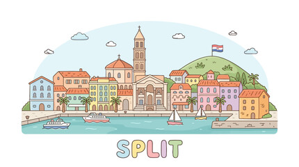 Obraz premium Scenic coastal town with colorful buildings, church, boats, and lush hilltop landscape in a charming illustration capturing