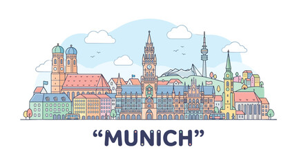 Obraz premium Colorful illustrated panoramic view of historic and modern Munich cityscape featuring iconic landmarks and diverse architecture